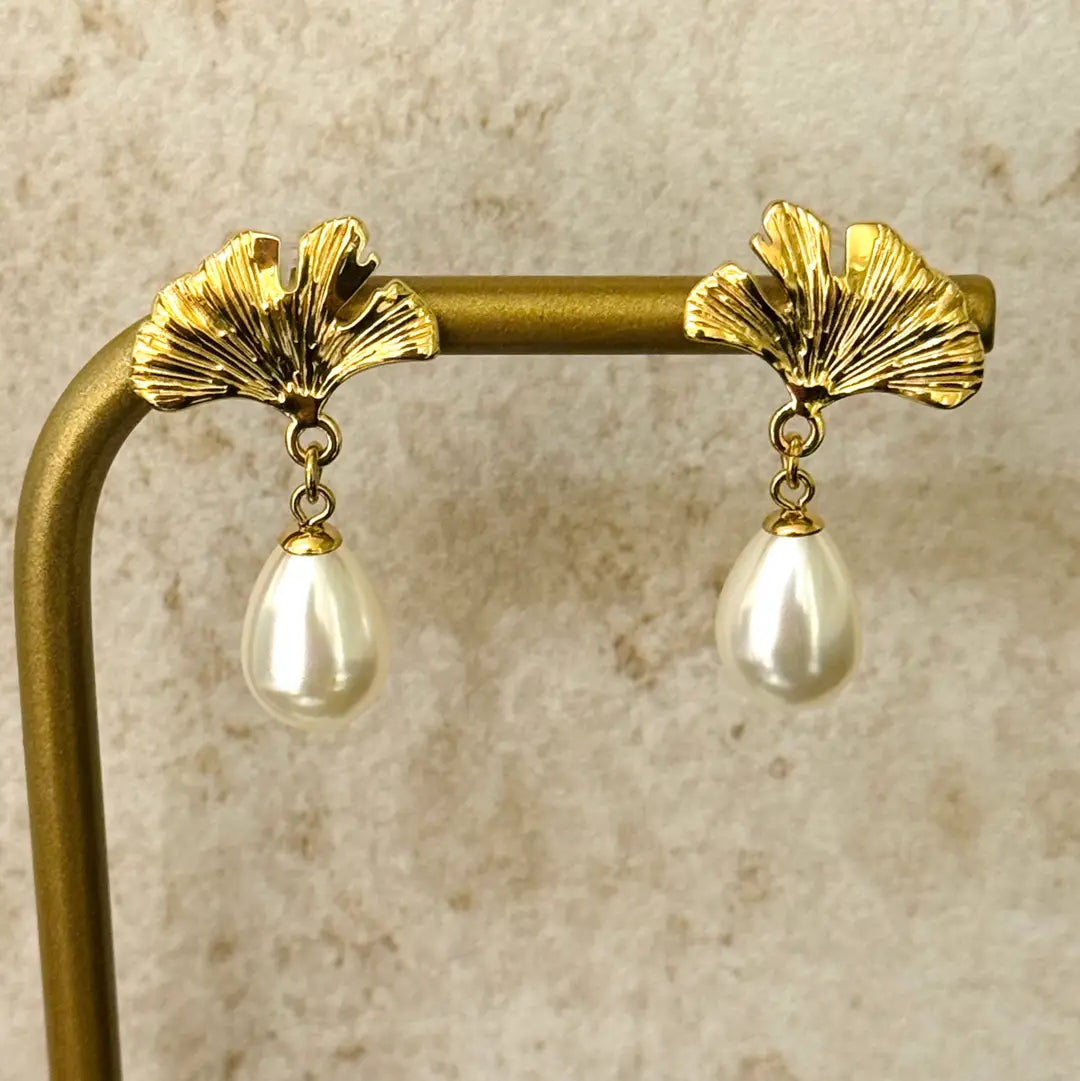 Gingko Blad Oorbellen met Parel