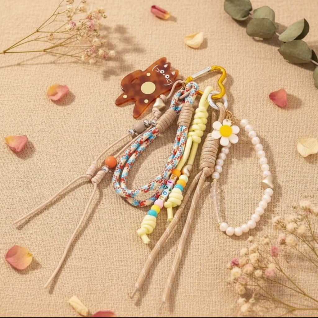 Tashanger sleutelhanger miauw kat acetaat kleurrijke koorden margriet