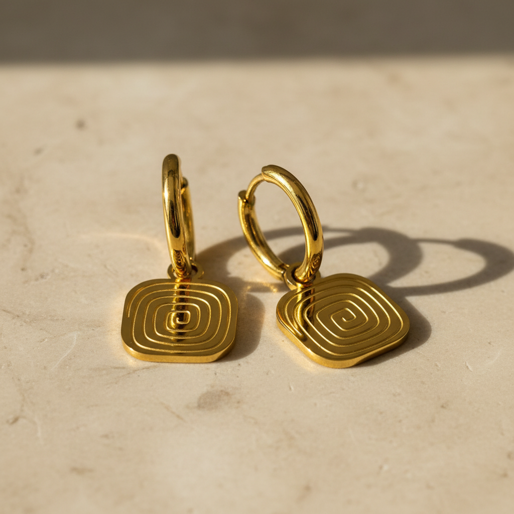 Vierkante gouden oorbellen met gegraveerd spiraal labyrint-patroon