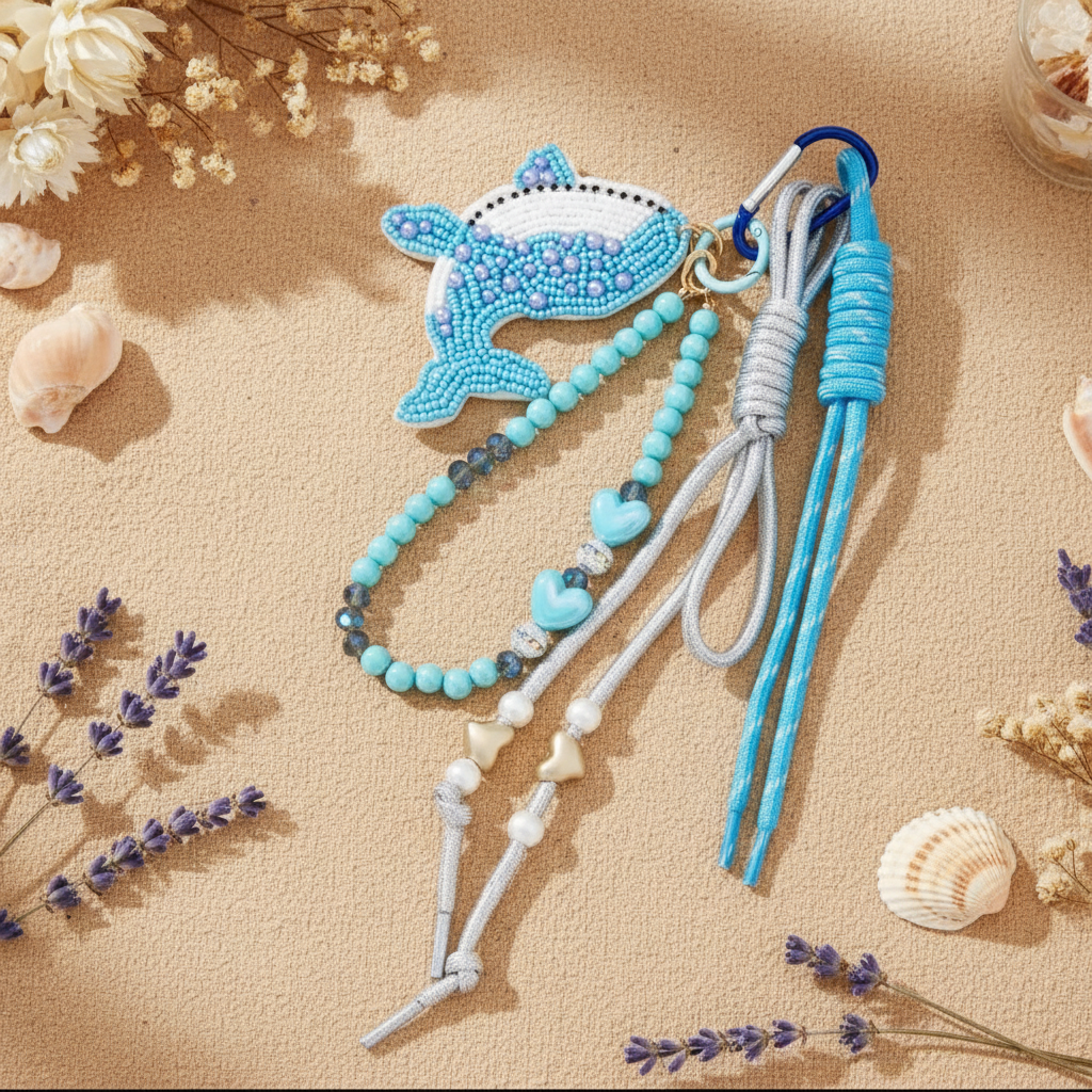 Sleutelhanger tashanger walvis hemelblauw parelwit kralen
