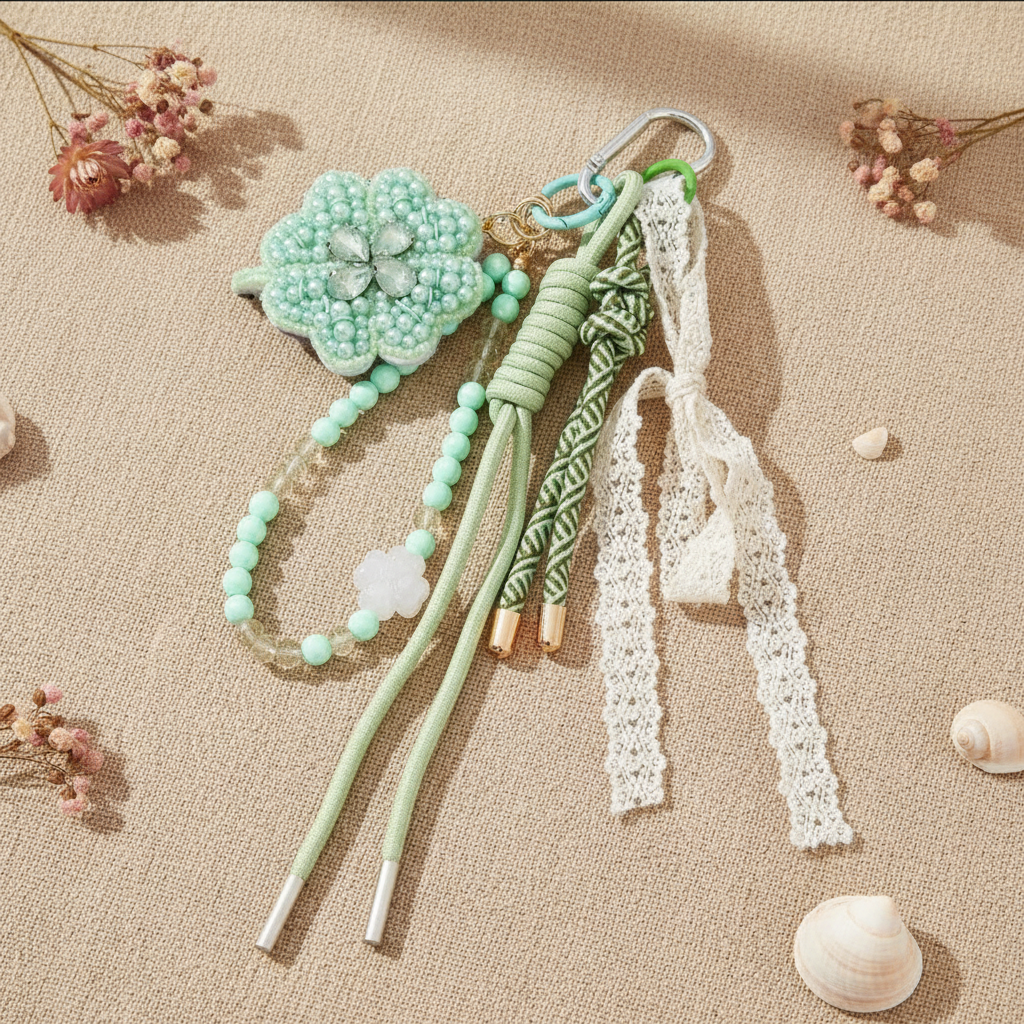 Sleutelhanger tassieraad klaver pastelgroen ecru kralen kant