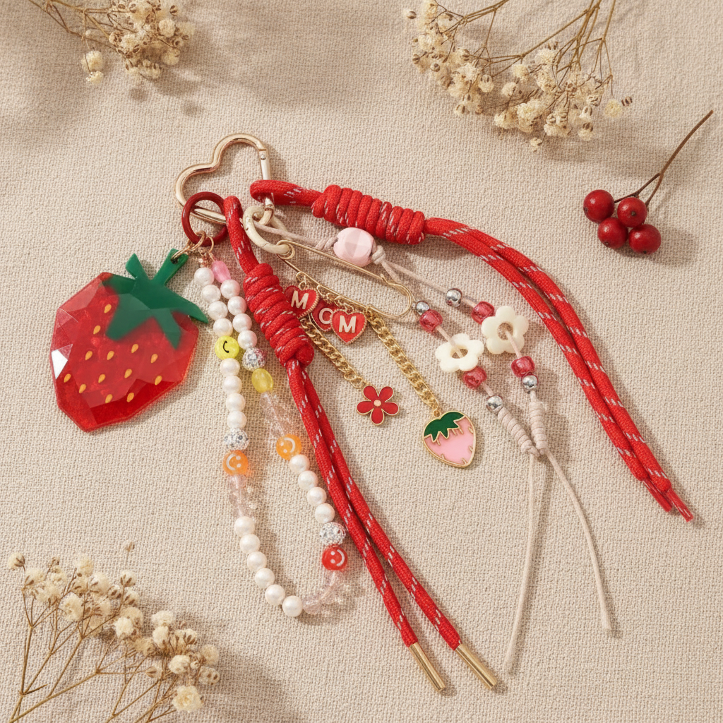 Sweet Strawberry tasbedel sleutelhanger rood roze goud kawaii